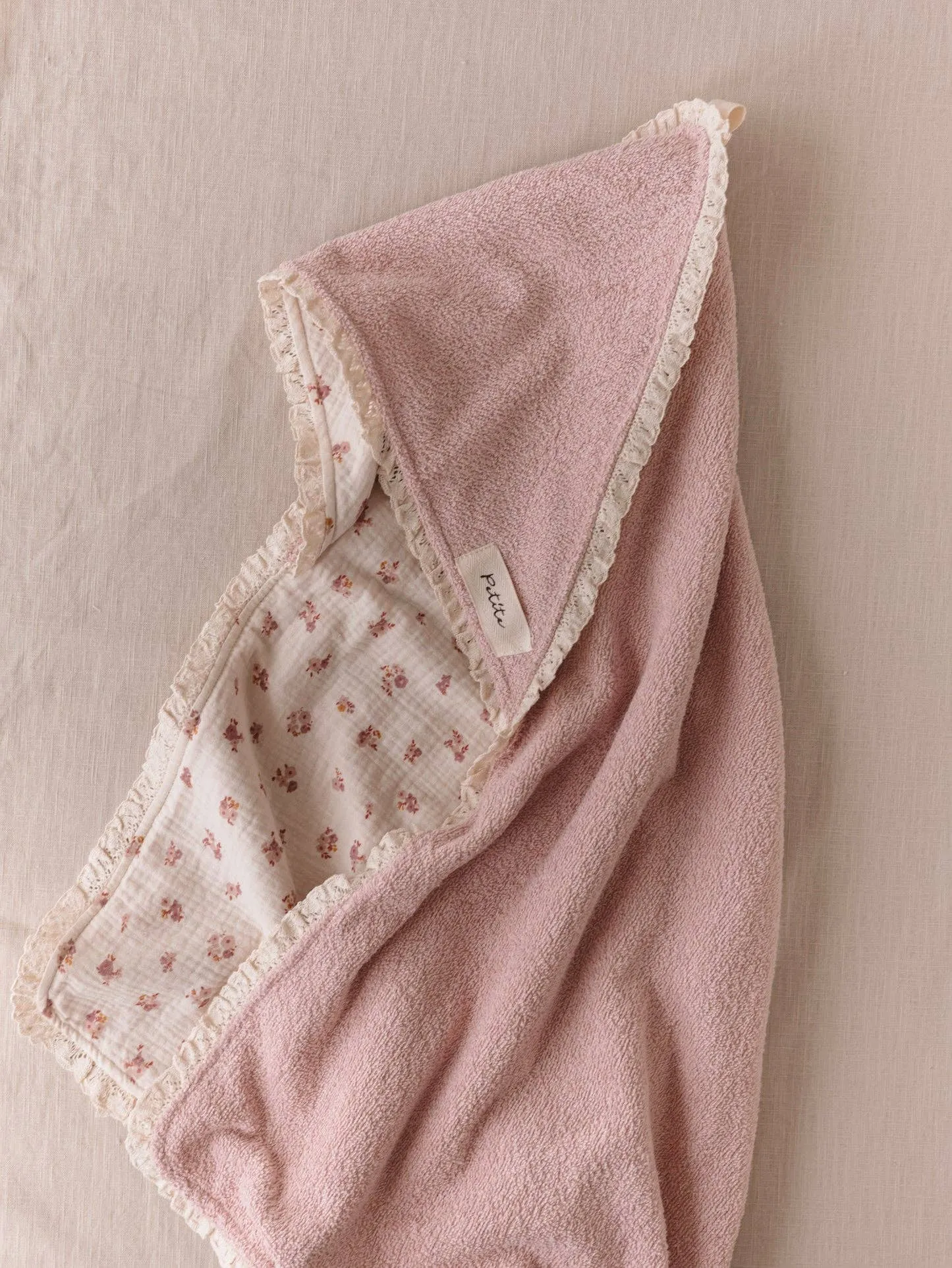 Baby Hooded towel / blush floral   lace