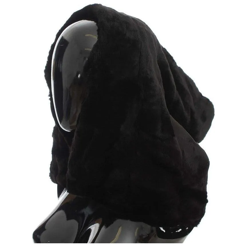 Dolce & Gabbana Chic Black Weasel Fur Hooded Scarf Wrap