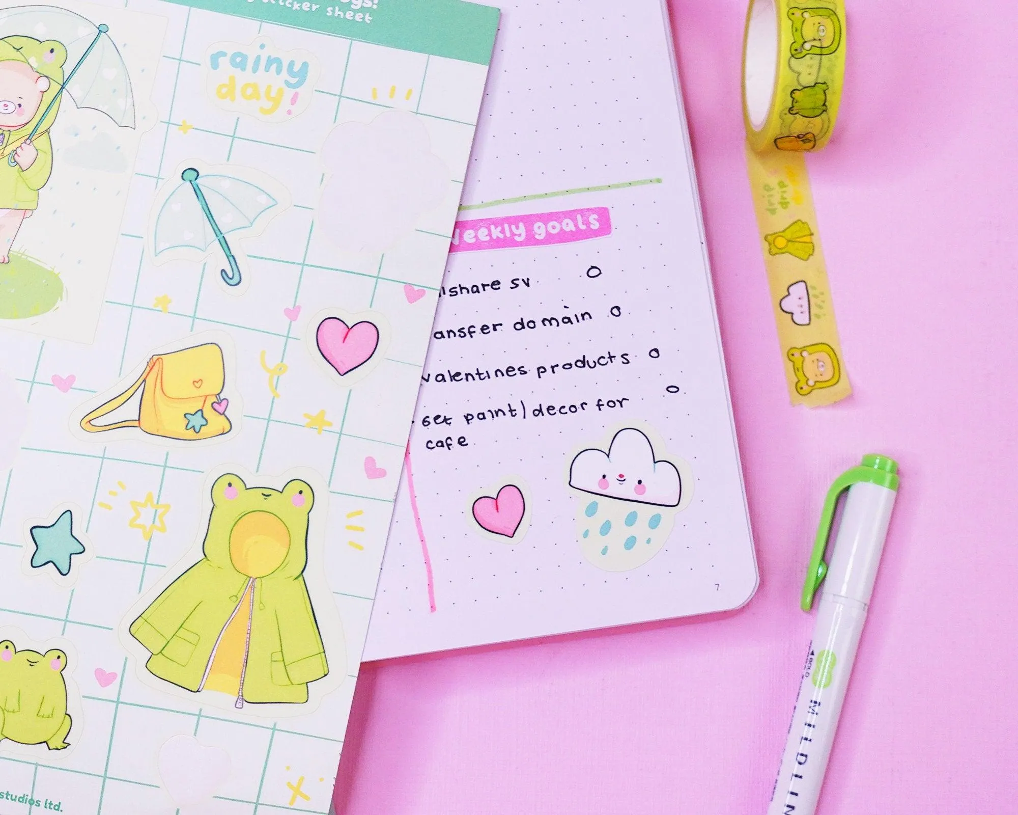 Froggo & Bear Vinyl Sticker Sheet | Kawaii Rainy Day Stickers | Cute Planner & Scrapbook Stickers | A5 Waterproof Vinyl