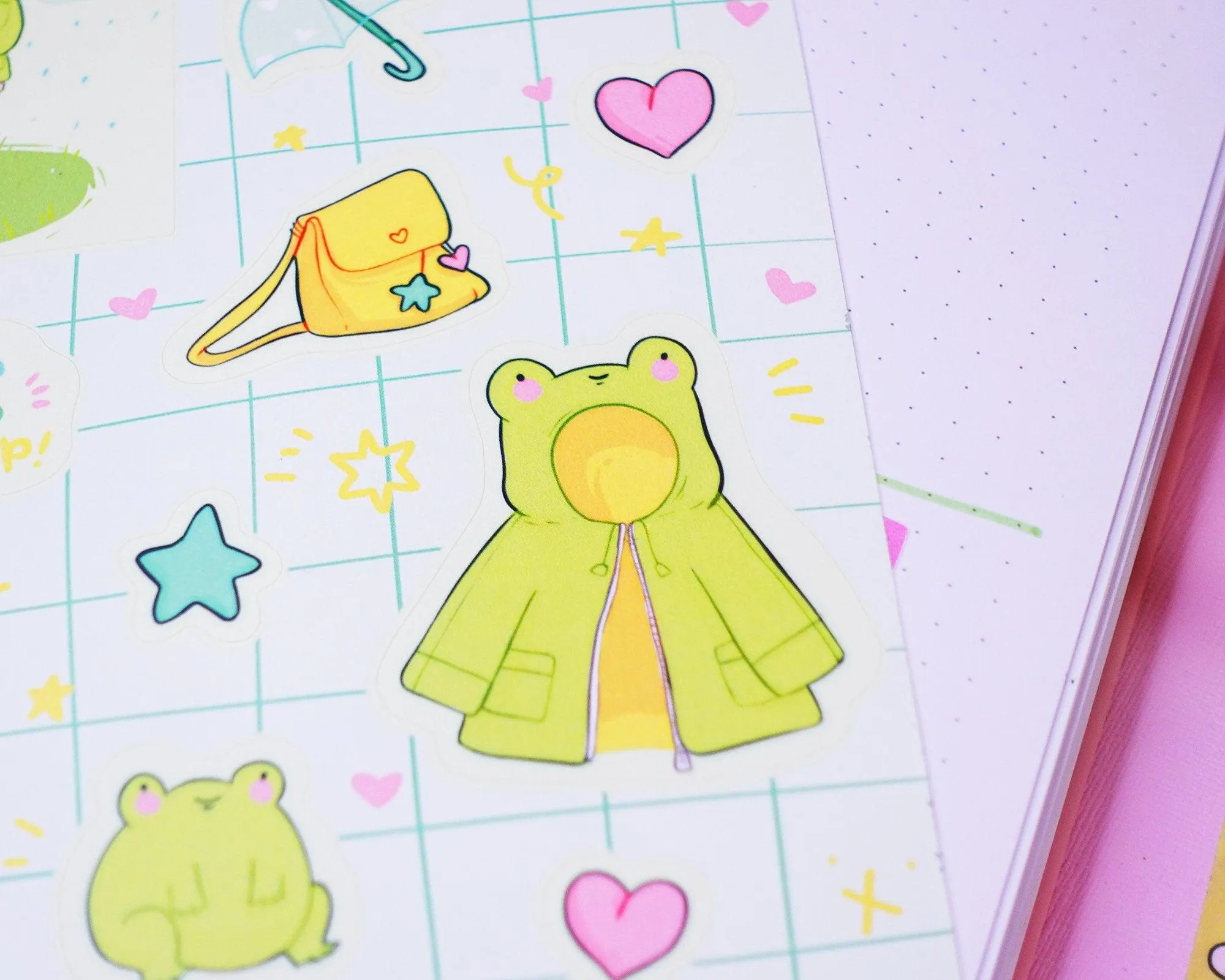 Froggo & Bear Vinyl Sticker Sheet | Kawaii Rainy Day Stickers | Cute Planner & Scrapbook Stickers | A5 Waterproof Vinyl
