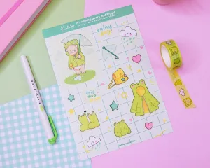 Froggo & Bear Vinyl Sticker Sheet | Kawaii Rainy Day Stickers | Cute Planner & Scrapbook Stickers | A5 Waterproof Vinyl