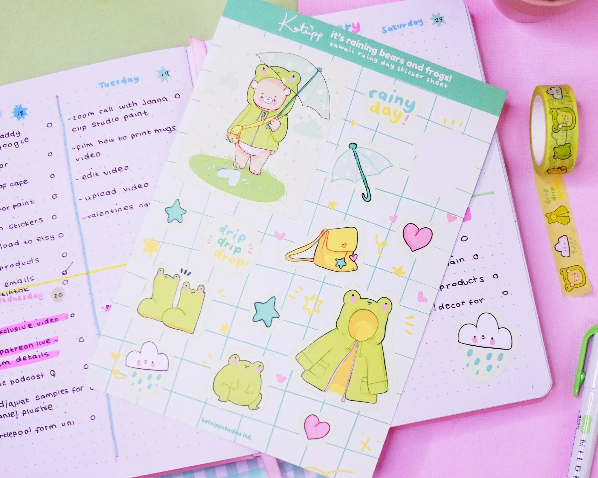 Froggo & Bear Vinyl Sticker Sheet | Kawaii Rainy Day Stickers | Cute Planner & Scrapbook Stickers | A5 Waterproof Vinyl