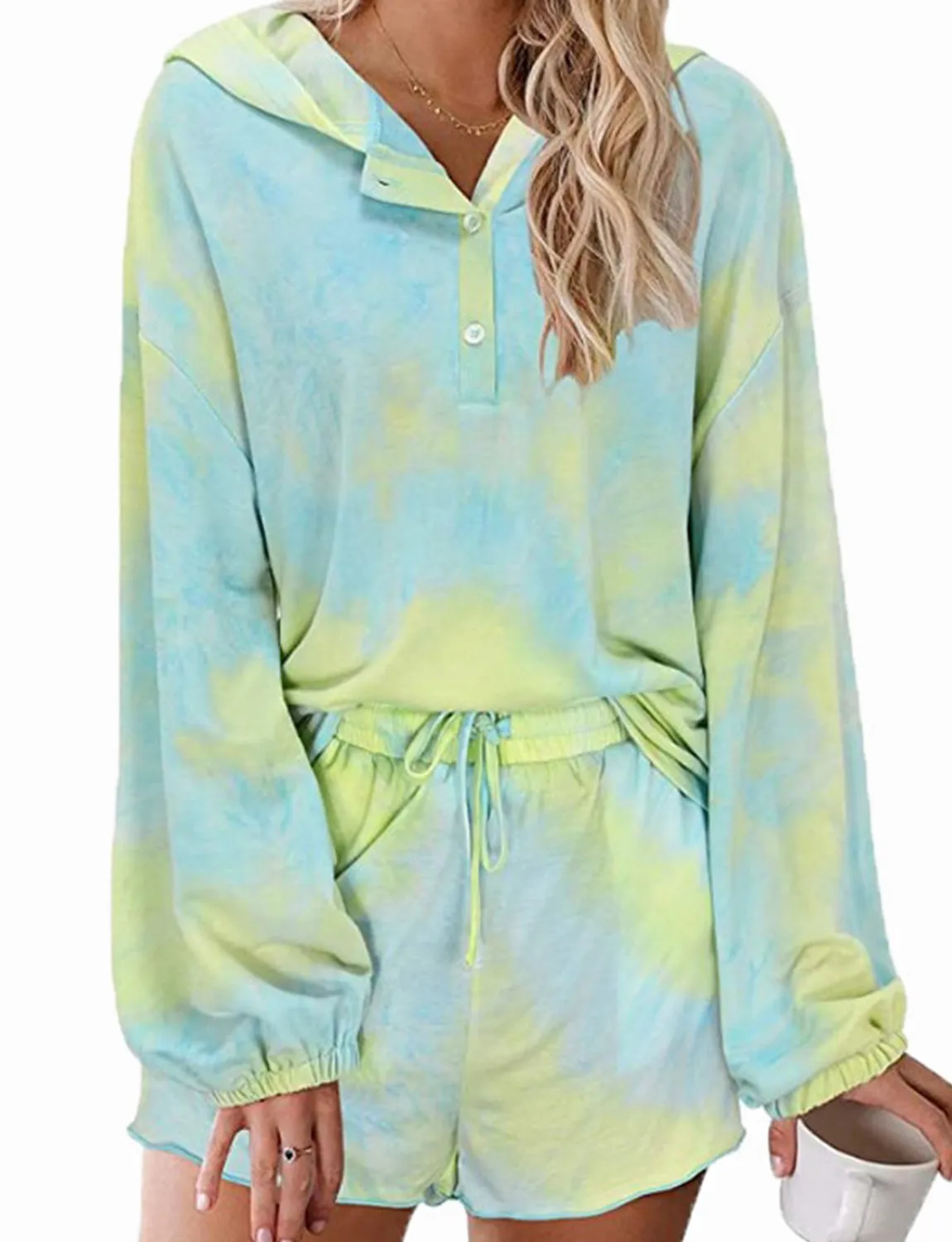 Gradient tie-dye hooded long sleeved homewear pajamas