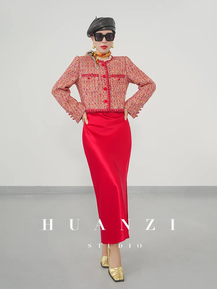 Huanzi custom 2022 autumn and winter new high-definition handmade red tweed temperament lady style small fragrant wind jacket female
