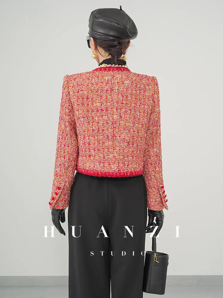 Huanzi custom 2022 autumn and winter new high-definition handmade red tweed temperament lady style small fragrant wind jacket female