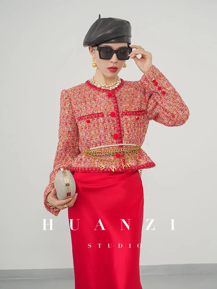 Huanzi custom 2022 autumn and winter new high-definition handmade red tweed temperament lady style small fragrant wind jacket female