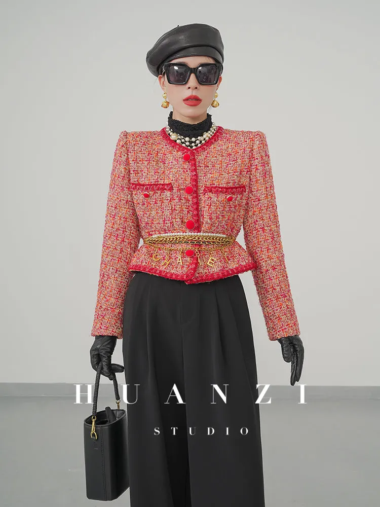 Huanzi custom 2022 autumn and winter new high-definition handmade red tweed temperament lady style small fragrant wind jacket female