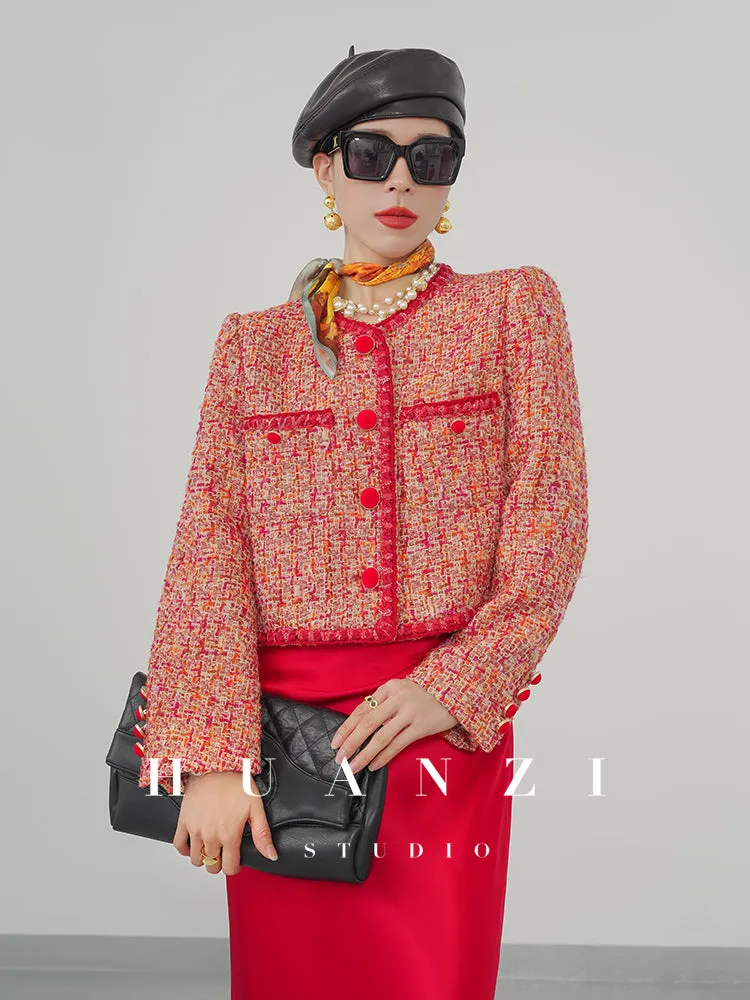 Huanzi custom 2022 autumn and winter new high-definition handmade red tweed temperament lady style small fragrant wind jacket female