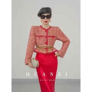 Huanzi custom 2022 autumn and winter new high-definition handmade red tweed temperament lady style small fragrant wind jacket female