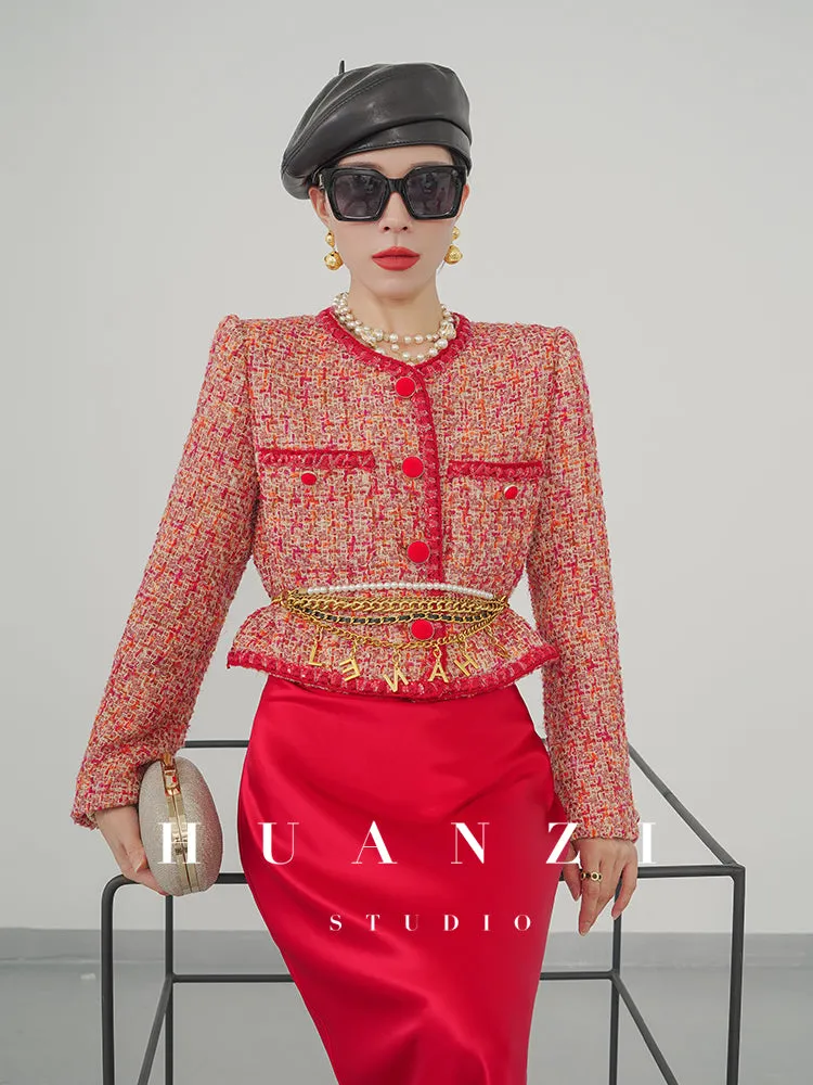 Huanzi custom 2022 autumn and winter new high-definition handmade red tweed temperament lady style small fragrant wind jacket female