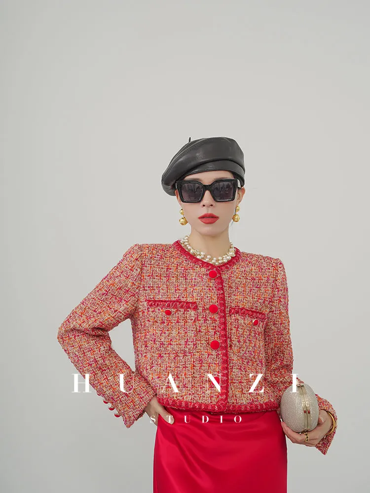 Huanzi custom 2022 autumn and winter new high-definition handmade red tweed temperament lady style small fragrant wind jacket female
