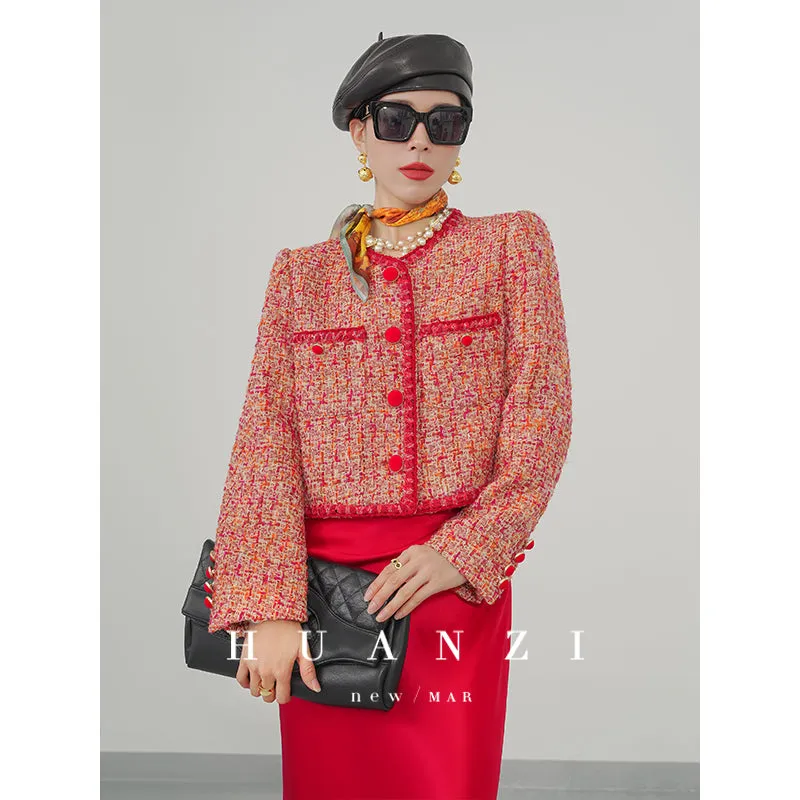 Huanzi custom 2022 autumn and winter new high-definition handmade red tweed temperament lady style small fragrant wind jacket female