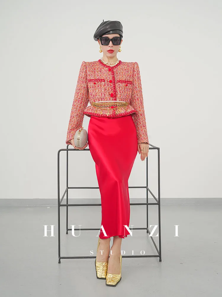 Huanzi custom 2022 autumn and winter new high-definition handmade red tweed temperament lady style small fragrant wind jacket female
