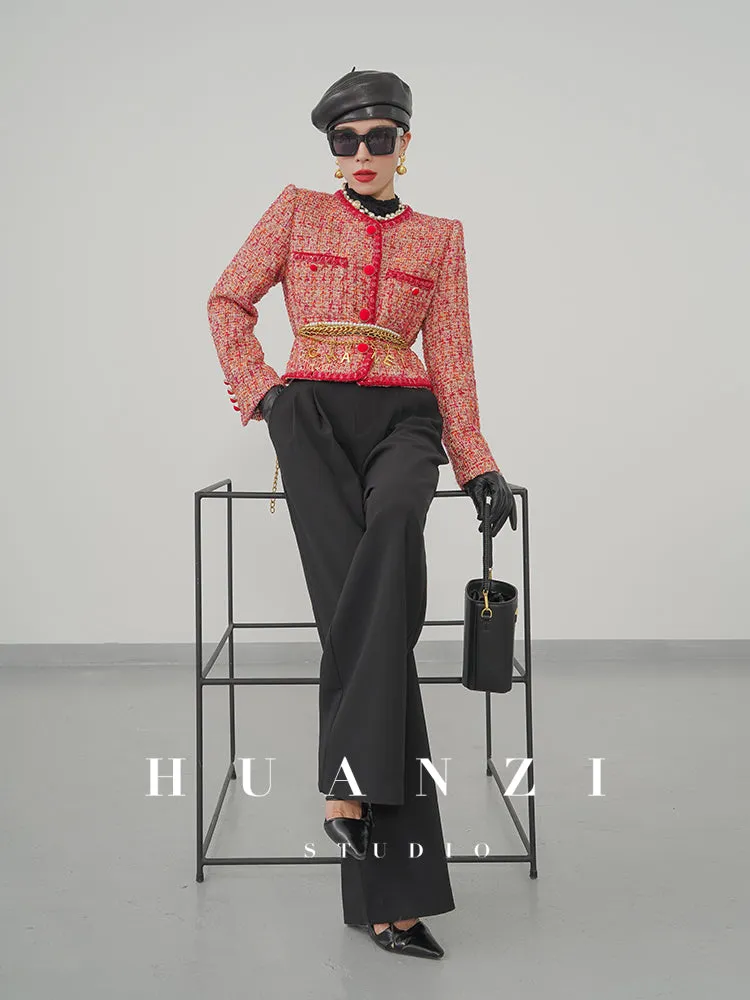Huanzi custom 2022 autumn and winter new high-definition handmade red tweed temperament lady style small fragrant wind jacket female