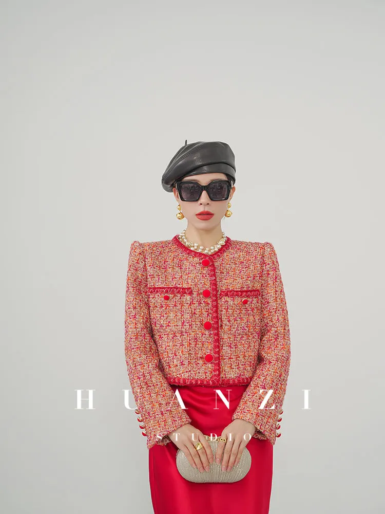 Huanzi custom 2022 autumn and winter new high-definition handmade red tweed temperament lady style small fragrant wind jacket female