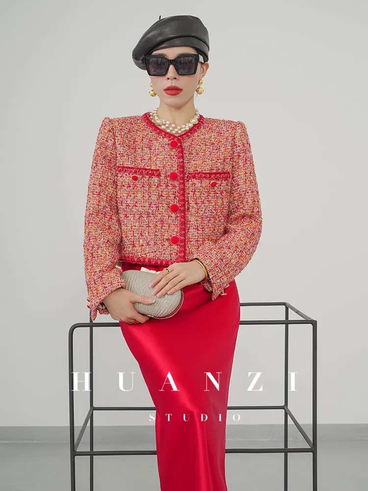 Huanzi custom 2022 autumn and winter new high-definition handmade red tweed temperament lady style small fragrant wind jacket female