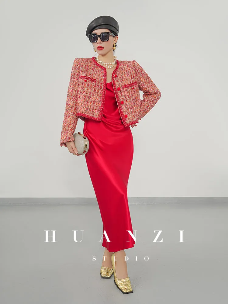 Huanzi custom 2022 autumn and winter new high-definition handmade red tweed temperament lady style small fragrant wind jacket female