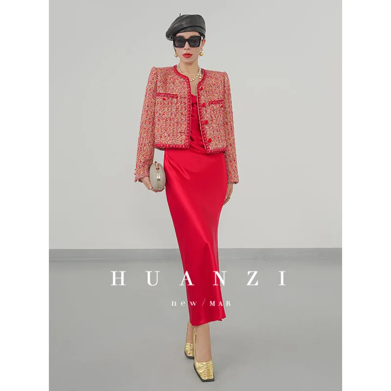 Huanzi custom 2022 autumn and winter new high-definition handmade red tweed temperament lady style small fragrant wind jacket female
