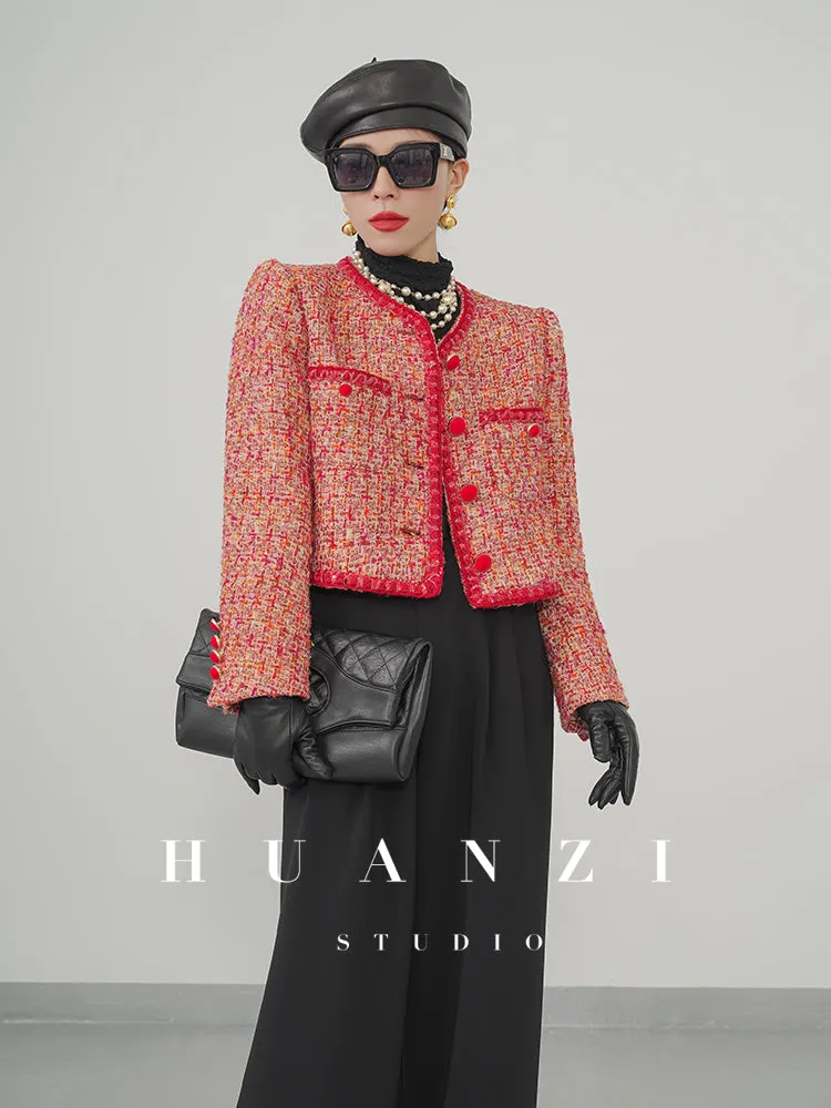 Huanzi custom 2022 autumn and winter new high-definition handmade red tweed temperament lady style small fragrant wind jacket female