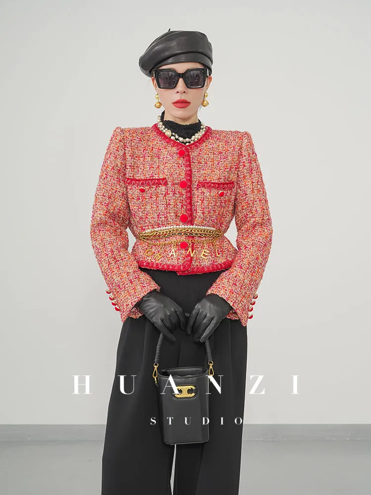 Huanzi custom 2022 autumn and winter new high-definition handmade red tweed temperament lady style small fragrant wind jacket female