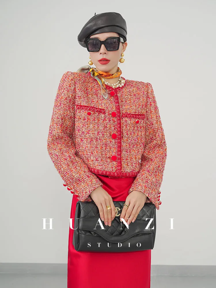 Huanzi custom 2022 autumn and winter new high-definition handmade red tweed temperament lady style small fragrant wind jacket female