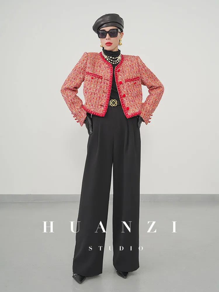 Huanzi custom 2022 autumn and winter new high-definition handmade red tweed temperament lady style small fragrant wind jacket female
