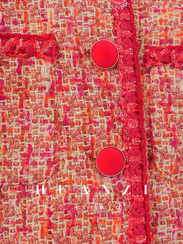 Huanzi custom 2022 autumn and winter new high-definition handmade red tweed temperament lady style small fragrant wind jacket female