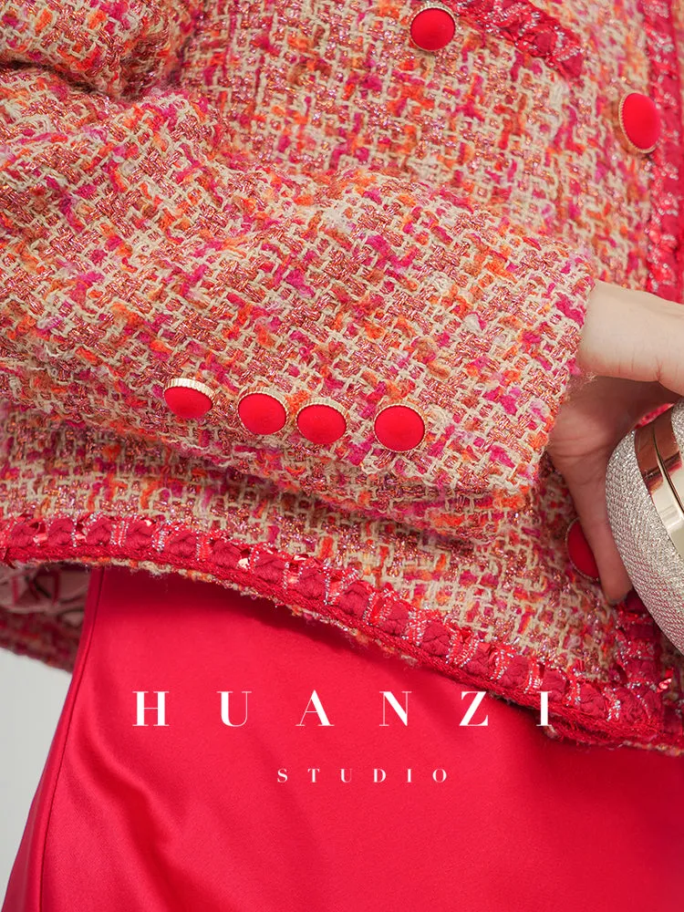 Huanzi custom 2022 autumn and winter new high-definition handmade red tweed temperament lady style small fragrant wind jacket female