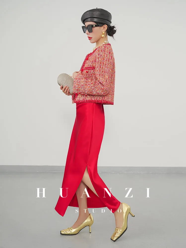 Huanzi custom 2022 autumn and winter new high-definition handmade red tweed temperament lady style small fragrant wind jacket female