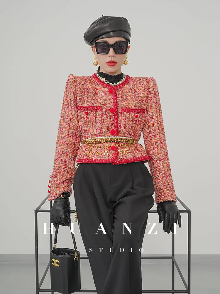 Huanzi custom 2022 autumn and winter new high-definition handmade red tweed temperament lady style small fragrant wind jacket female