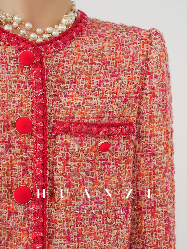 Huanzi custom 2022 autumn and winter new high-definition handmade red tweed temperament lady style small fragrant wind jacket female