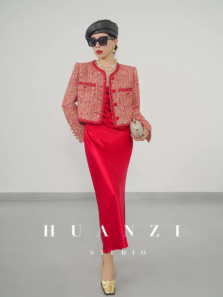 Huanzi custom 2022 autumn and winter new high-definition handmade red tweed temperament lady style small fragrant wind jacket female