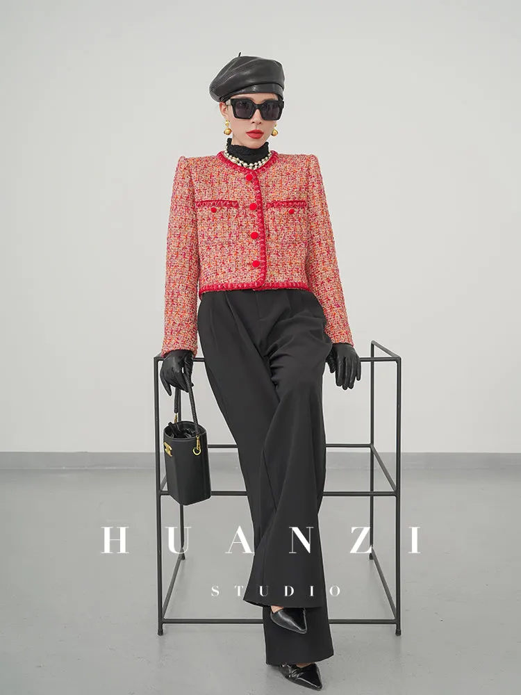 Huanzi custom 2022 autumn and winter new high-definition handmade red tweed temperament lady style small fragrant wind jacket female