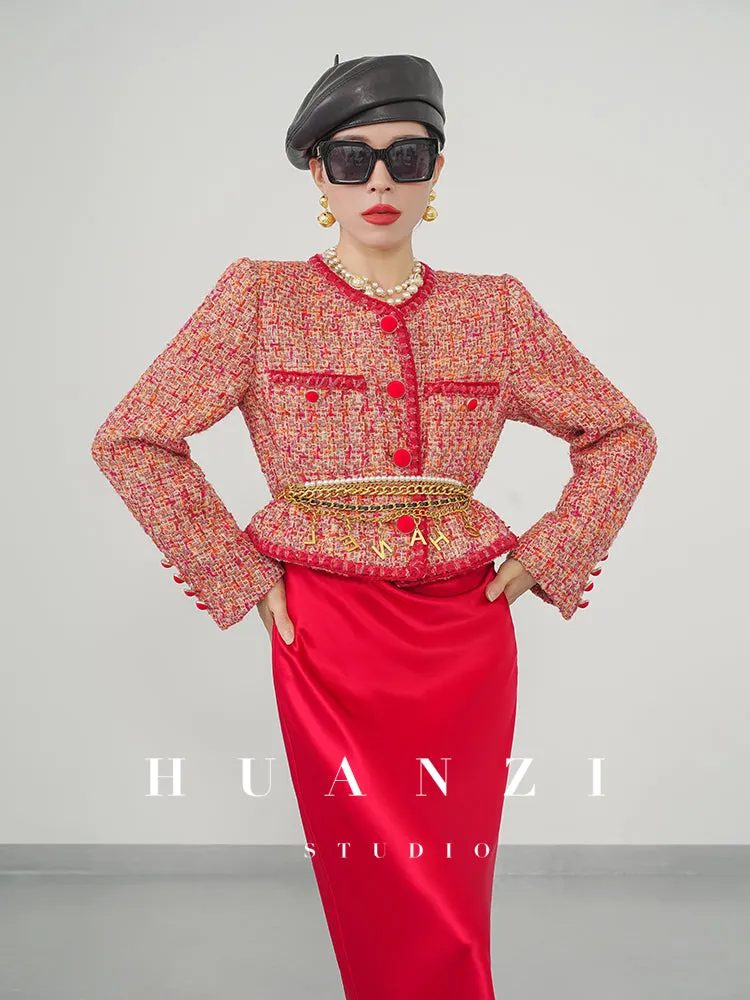 Huanzi custom 2022 autumn and winter new high-definition handmade red tweed temperament lady style small fragrant wind jacket female