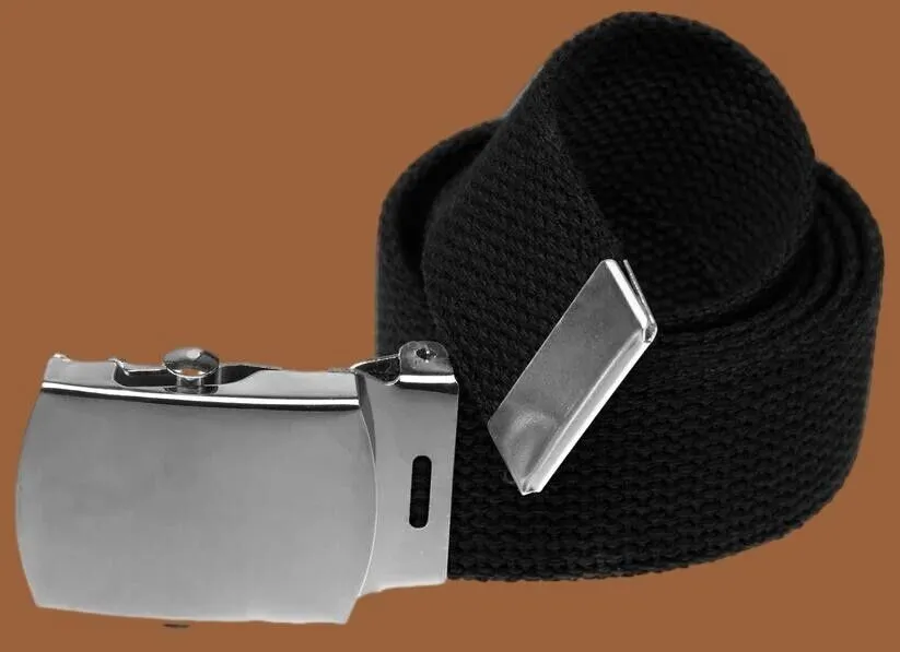 MILITARY HEAVY GRADE BLACK WEB BELT SILVER NICKLE PLATED BUCKLE U.S.A MADE