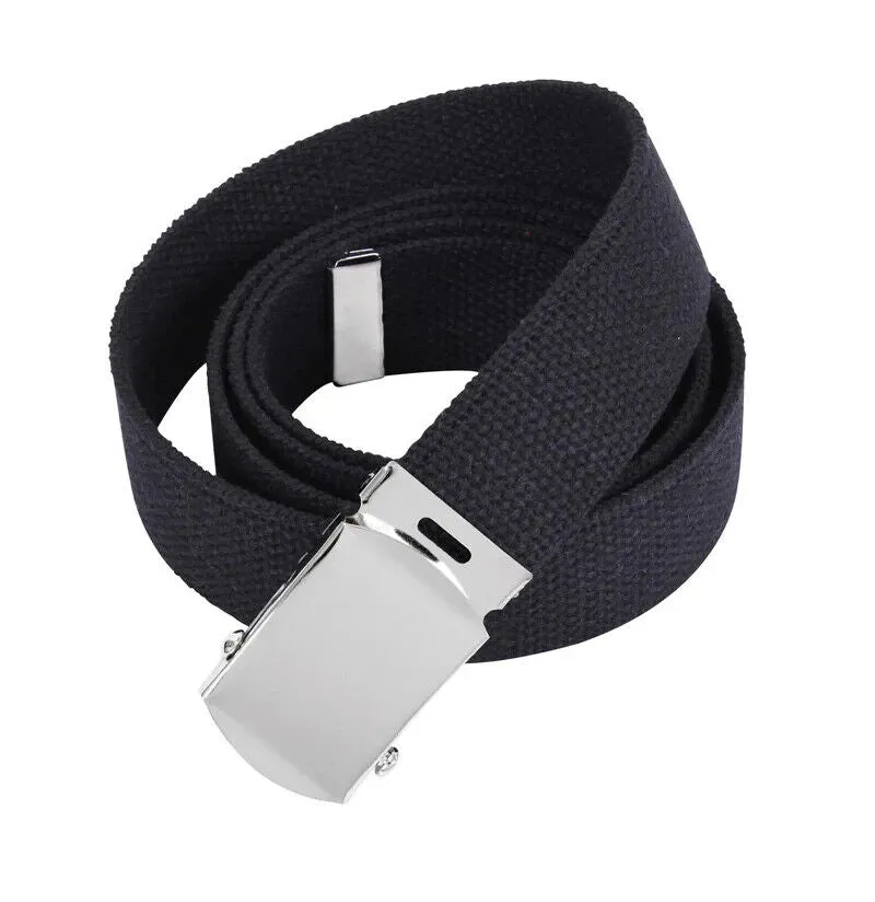 MILITARY HEAVY GRADE BLACK WEB BELT SILVER NICKLE PLATED BUCKLE U.S.A MADE