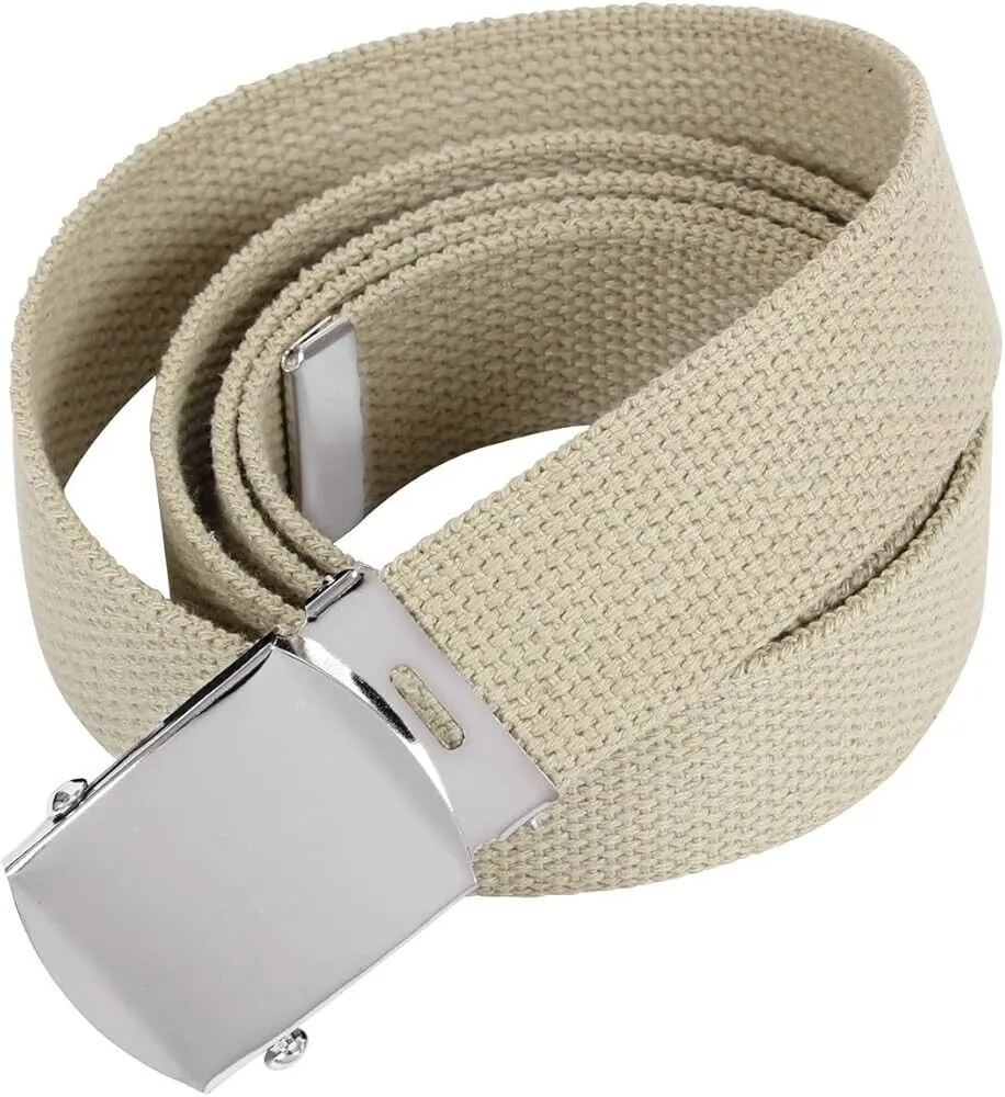 MILITARY HEAVY GRADE KHAKI WEB BELT WITH SILVER NICKLE PLATED BUCKLE U.S.A MADE