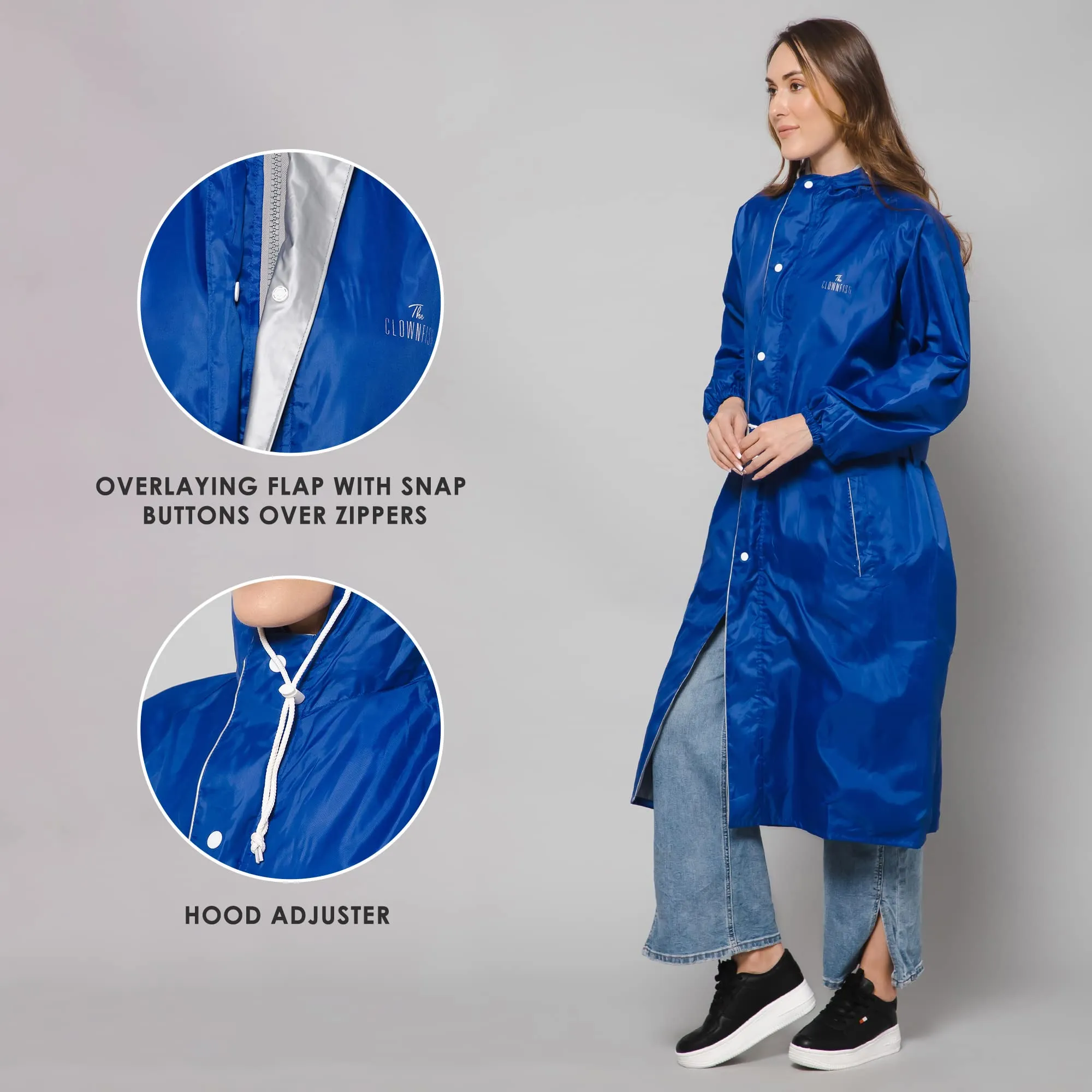 THE CLOWNFISH Polyester Raincoats For Women Rain Coat For Women Raincoat For Ladies Waterproof Reversible Double Layer. Drizzle Diva Series (Royal Blue, X-Large)